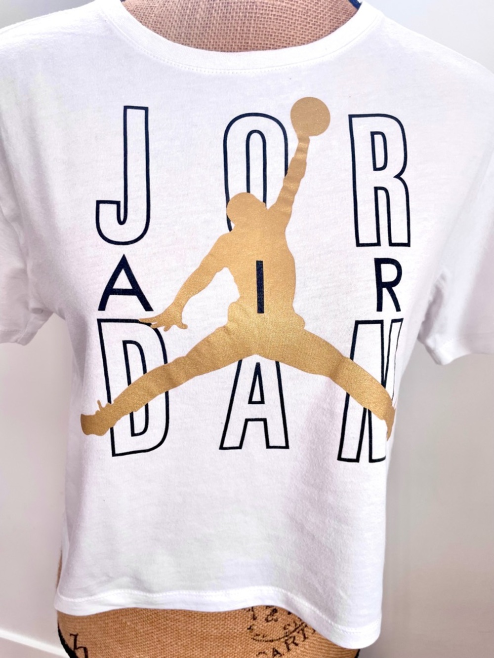 Air Jordan Tee, Gold Jordan Flight Jumpman Motif, Short Sleeves, Slight Crop